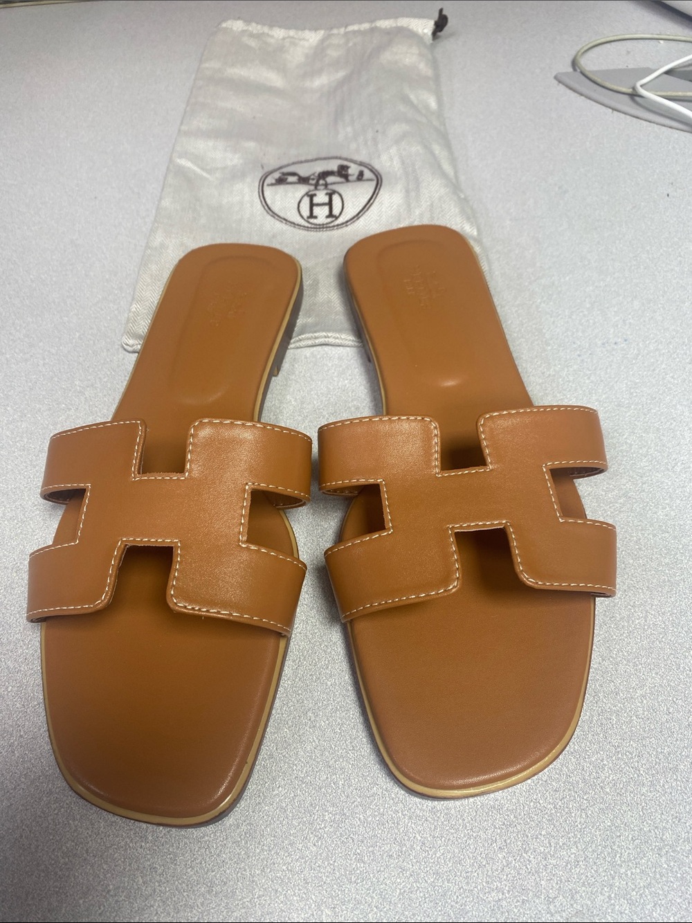 Hermes Cognac H-Logo Leather Slide Sandals